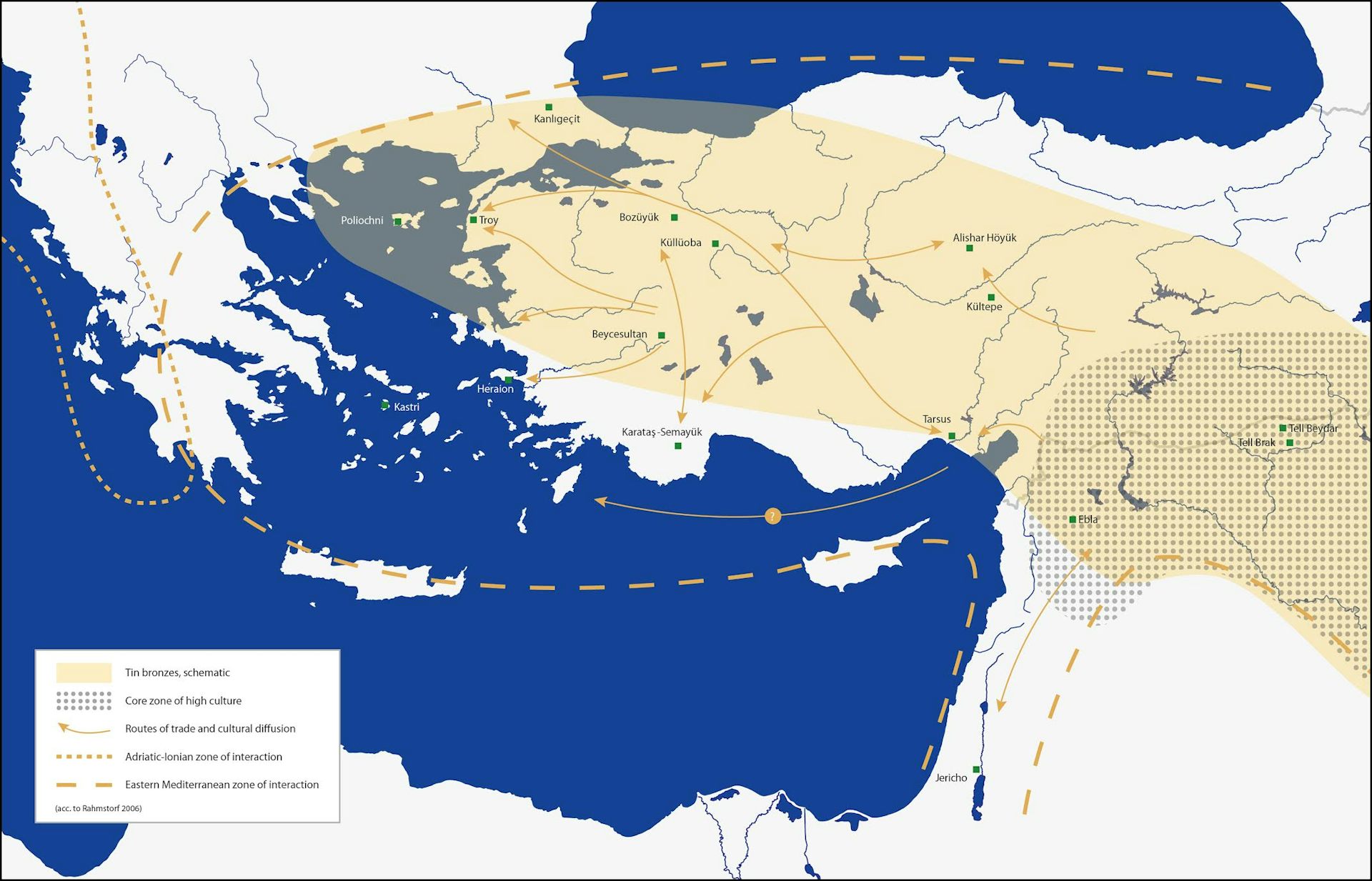 Schematic map of early bronze age trade routes and contact zones in the eastern Mediterranean