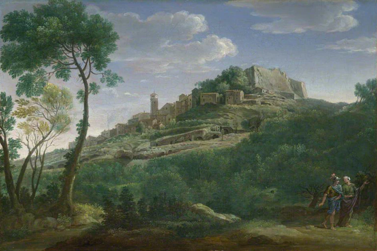 Painting of a castle on a hill with a Trojan couple in the foreground