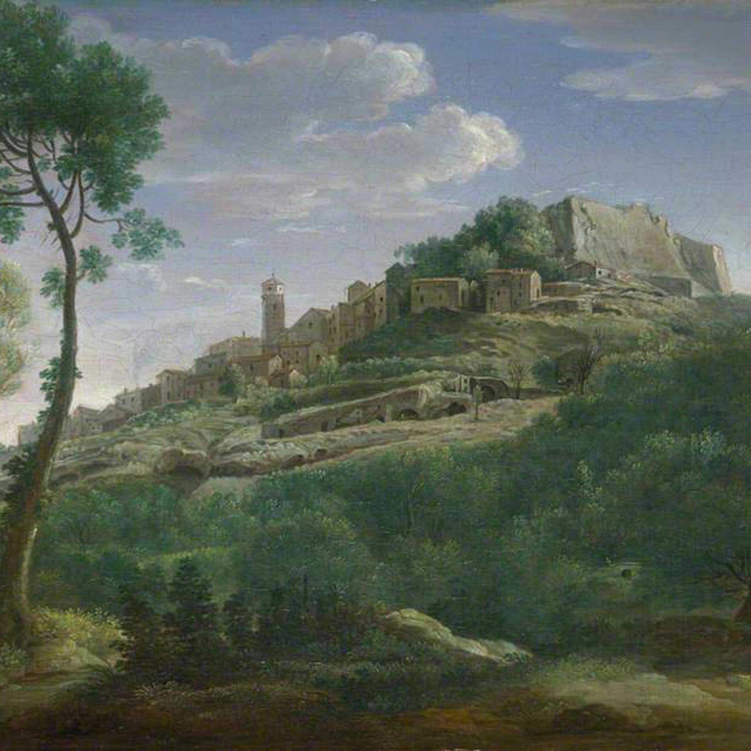 Painting of a castle on a hill with a Trojan couple in the foreground
