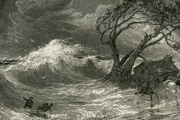 A pen and ink drawing of a storm with panicked horses and humans struggling in the sea.