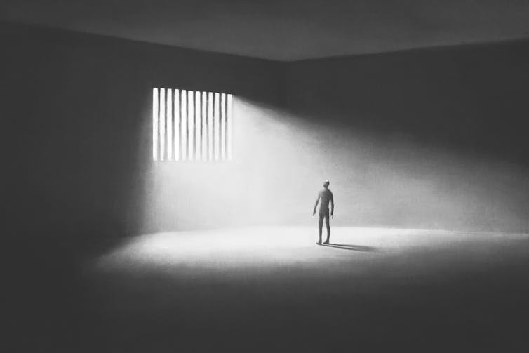 illustration of prisoner looking at the light coming from outside the bars