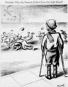 Desenho de um menino de muletas observando crianças brincando