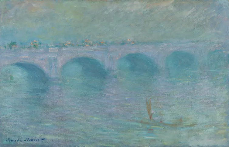 painting of a bridge in fog
