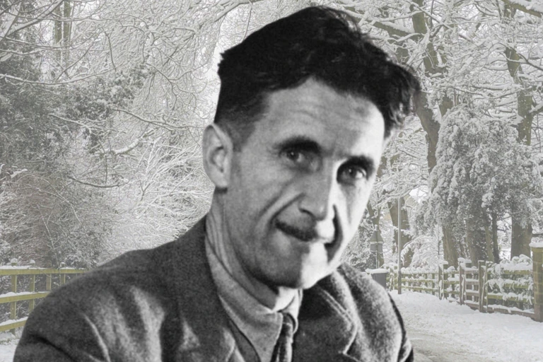George Orwell collaged over a wintery English scene