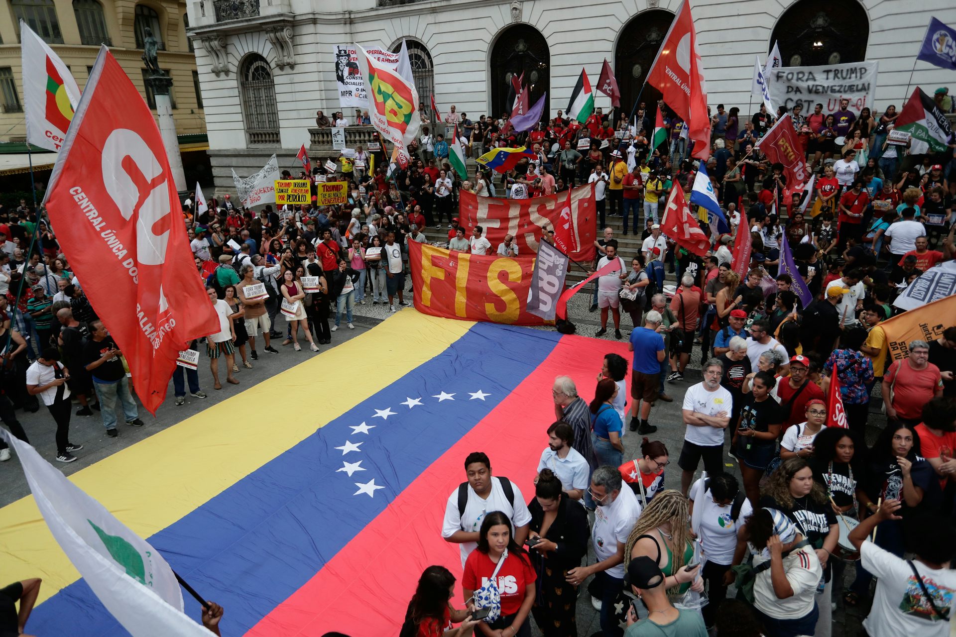 protesters wave flags at an outdoor protest 