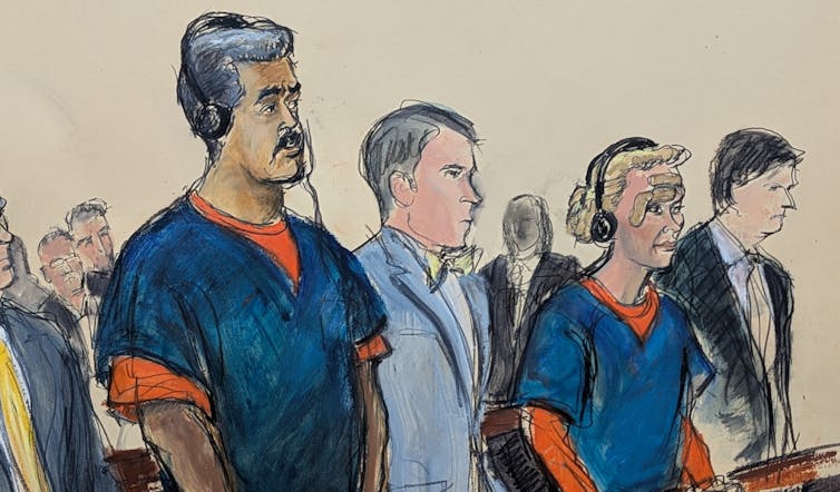 a sketch of a dark-haired man in prison garb with a woman standing next to him also in prison garb