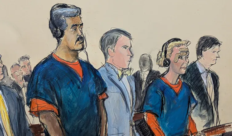 a sketch of a dark-haired man in prison garb with a woman standing next to him also in prison garb