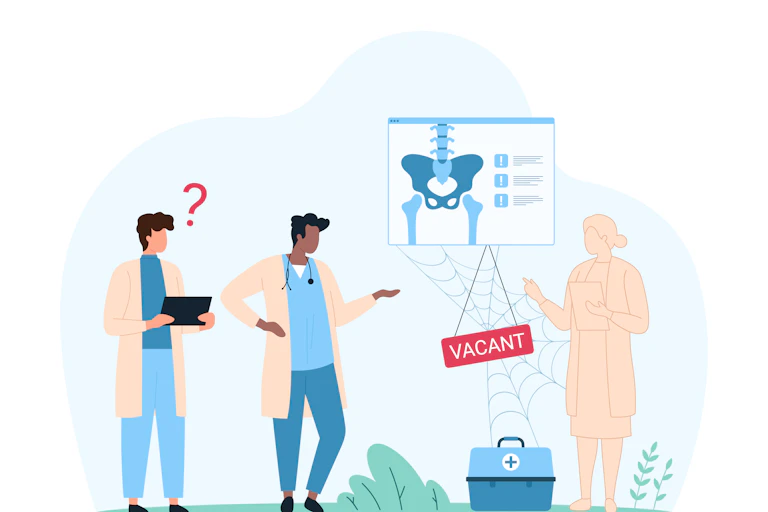 A graphic shows two people in medical white jackets looking at a shadow of a person with a sign that says 'vacant.'