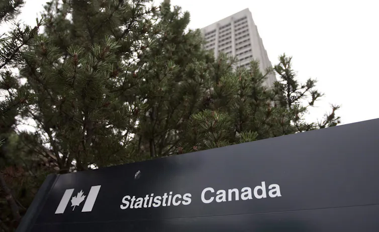 Un cartel de Statistics Canada frente a un edificio de varios pisos