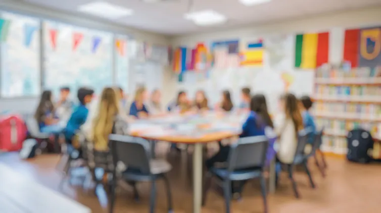 Une salle de classe avec des drapeaux de différents pays