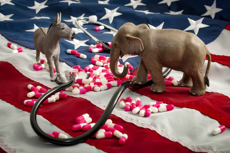 Donkey and elephant figures stand on an American flag on which rests pills and a stethoscope.