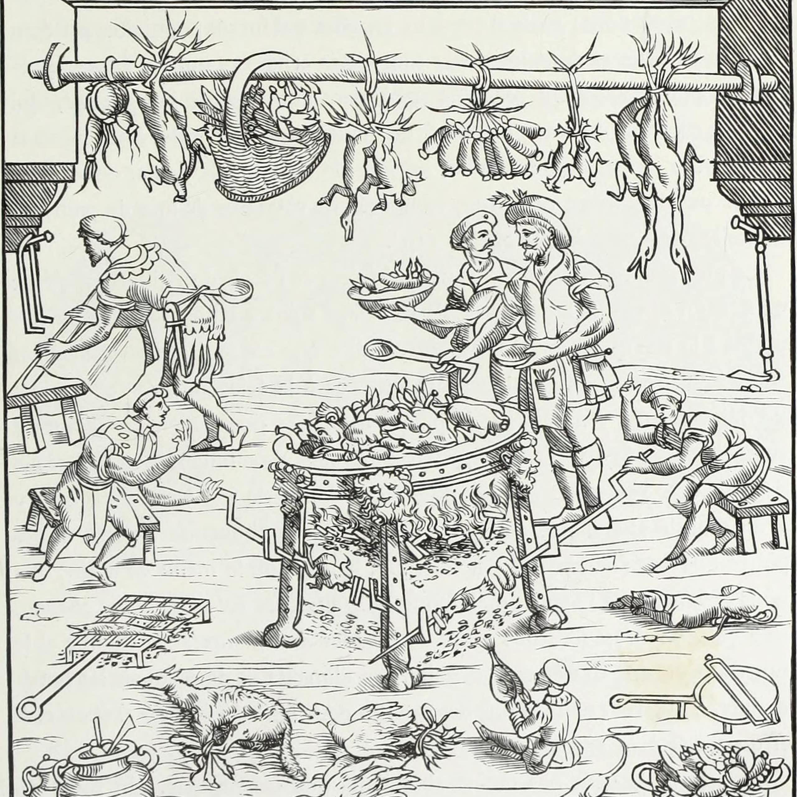 Image montrant l’intérieur d'une cuisine dans laquelle diverses viandes sont préparées. Elle est extraite de l'ouvrage « Mœurs, usages et costumes au moyen âge et à l’époque de la renaissance » (1871).