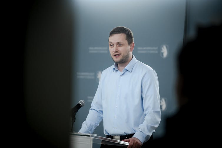 Greenland's prime minister, Jens-Frederik Nielsen, holds a press conference.
