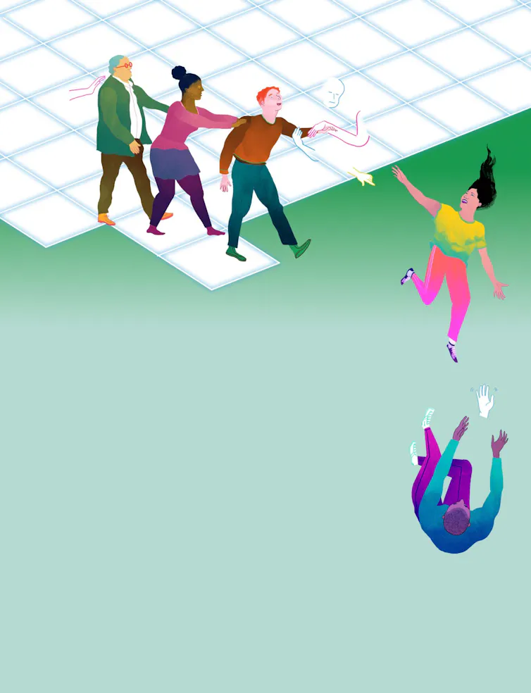 Ilustración que muestra a tres personas caminando por una superficie digital y dos cayendo al vacío