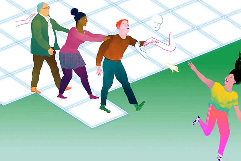 Ilustración que muestra a tres personas que caminan sobre una superficie con cuadrados y una, que encabeza el grupo, cae al vacío
