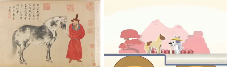 Old Chinese painting and a still from Bluey. Each show a man and a horse