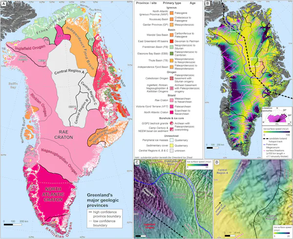 Mapa de las principales provincias geológicas de Groenlandia con sus tipos de rocas.