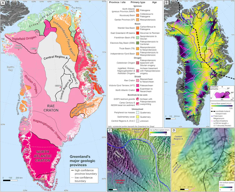 Map of Greenland's major geologic provinces with their rock types.