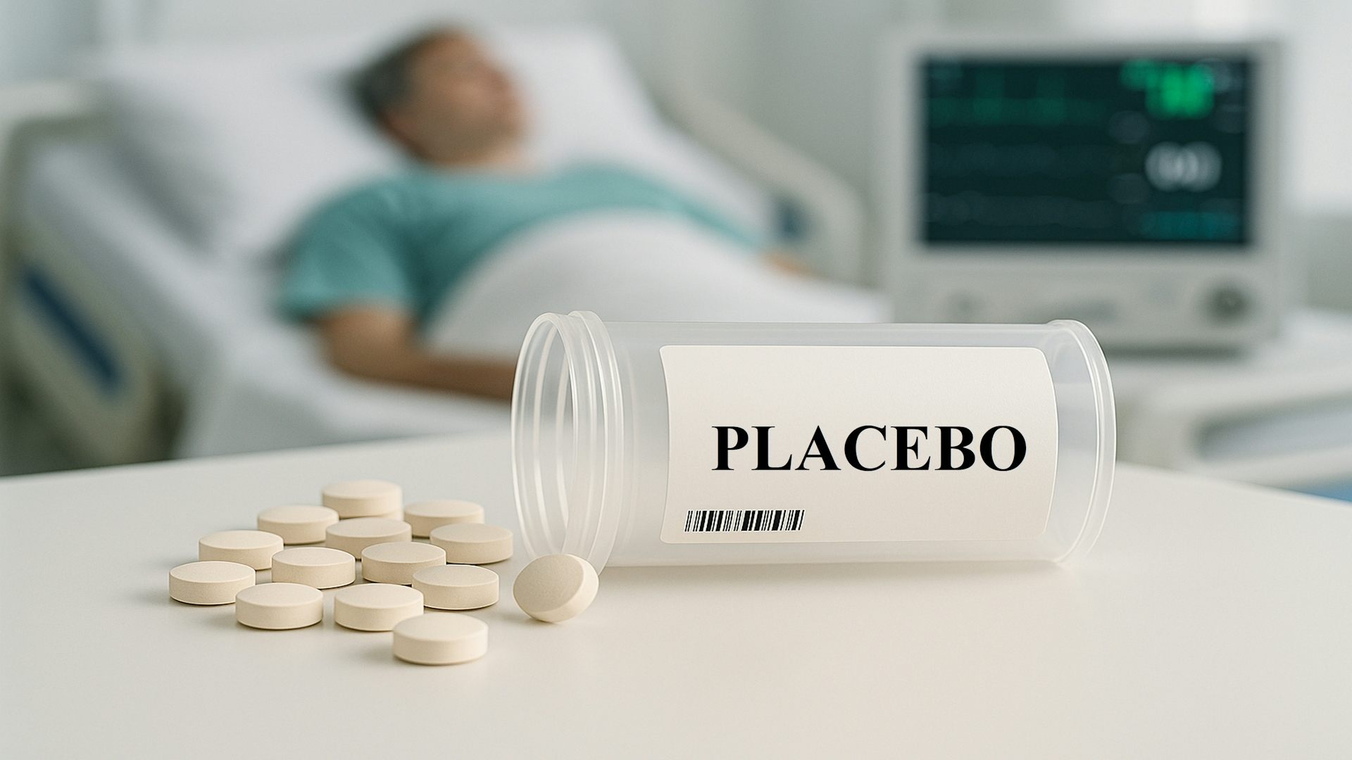 Au premier plan, des pilules sont sorties d’une boite sur laquelle est écrite « placebo ». En arrière plan, flouté, un malade est allongé dans une chambre d’hôpital.