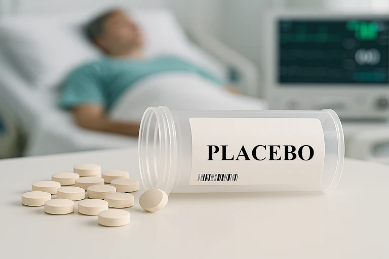 Au premier plan, des pilules sont sorties d’une boite sur laquelle est écrite « placebo ». En arrière plan, flouté, un malade est allongé dans une chambre d’hôpital.
