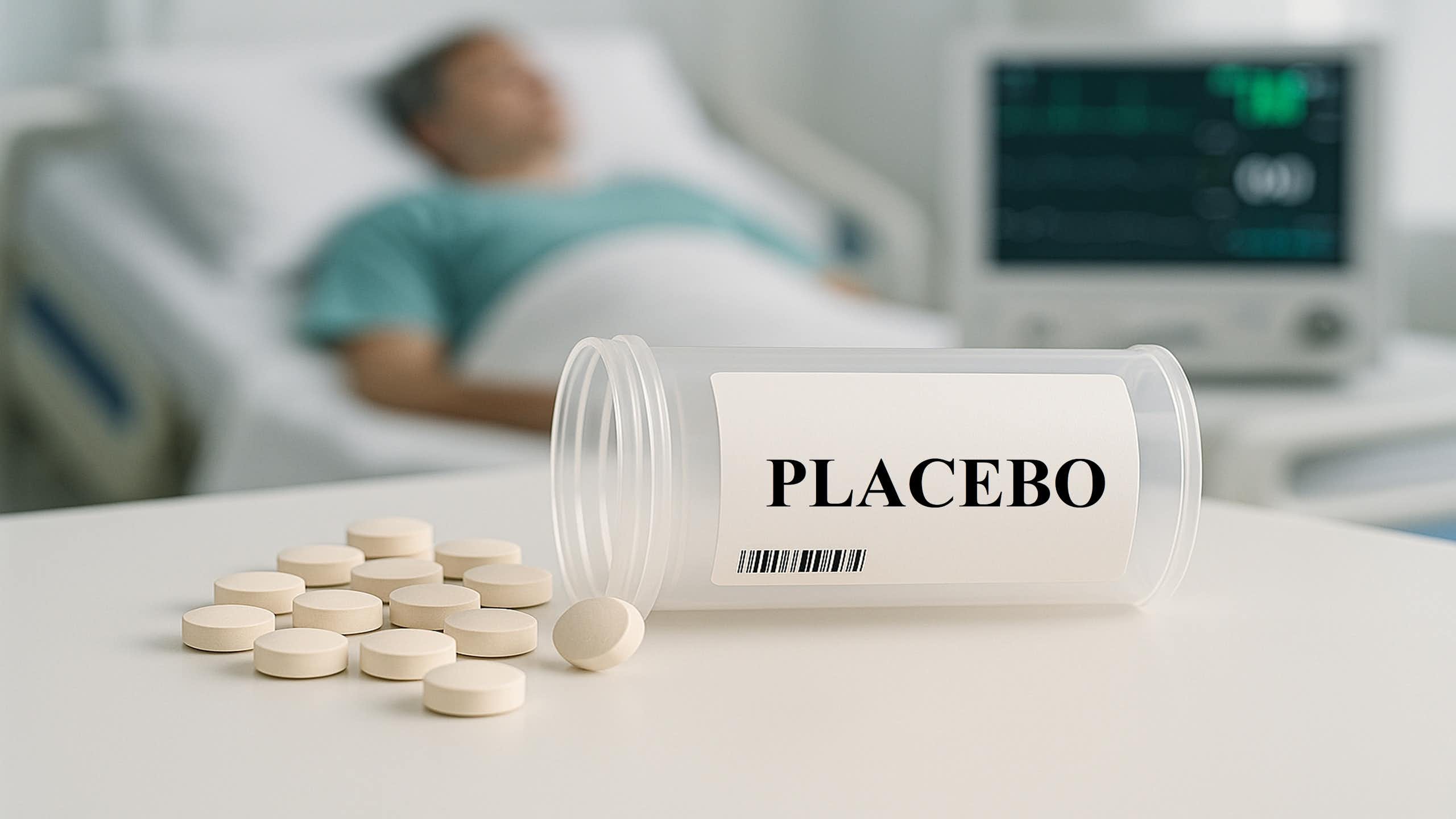 Au premier plan, des pilules sont sorties d’une boite sur laquelle est écrite « placebo ». En arrière plan, flouté, un malade est allongé dans une chambre d’hôpital.