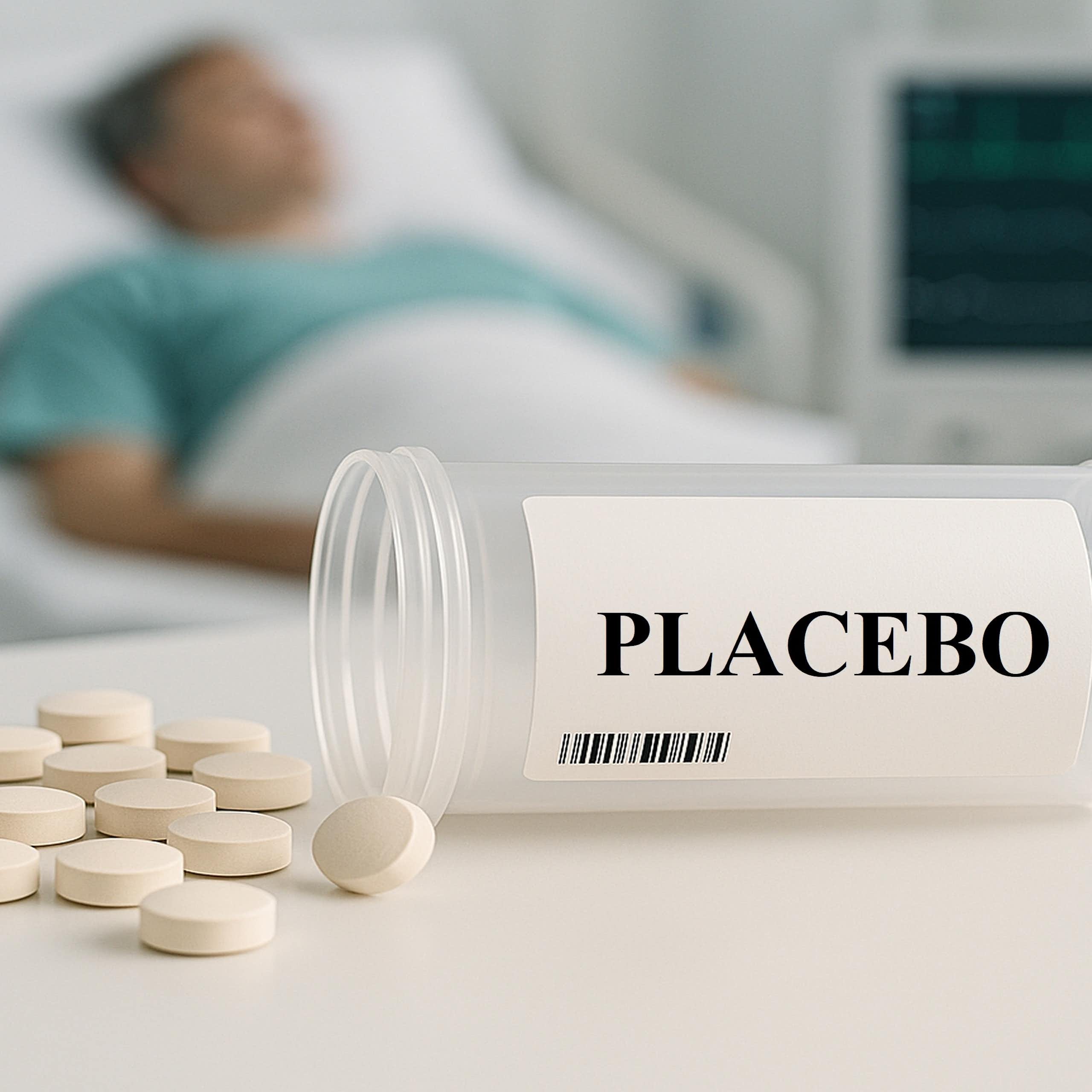 Au premier plan, des pilules sont sorties d’une boite sur laquelle est écrite « placebo ». En arrière plan, flouté, un malade est allongé dans une chambre d’hôpital.
