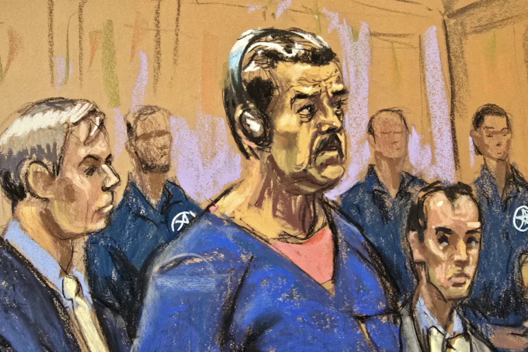 Croquis de l'ancien président du Venezuela Nicolas Maduro lors de sa comparution dans un tribunal fédéral le 5 janvier 2026 à New York.
