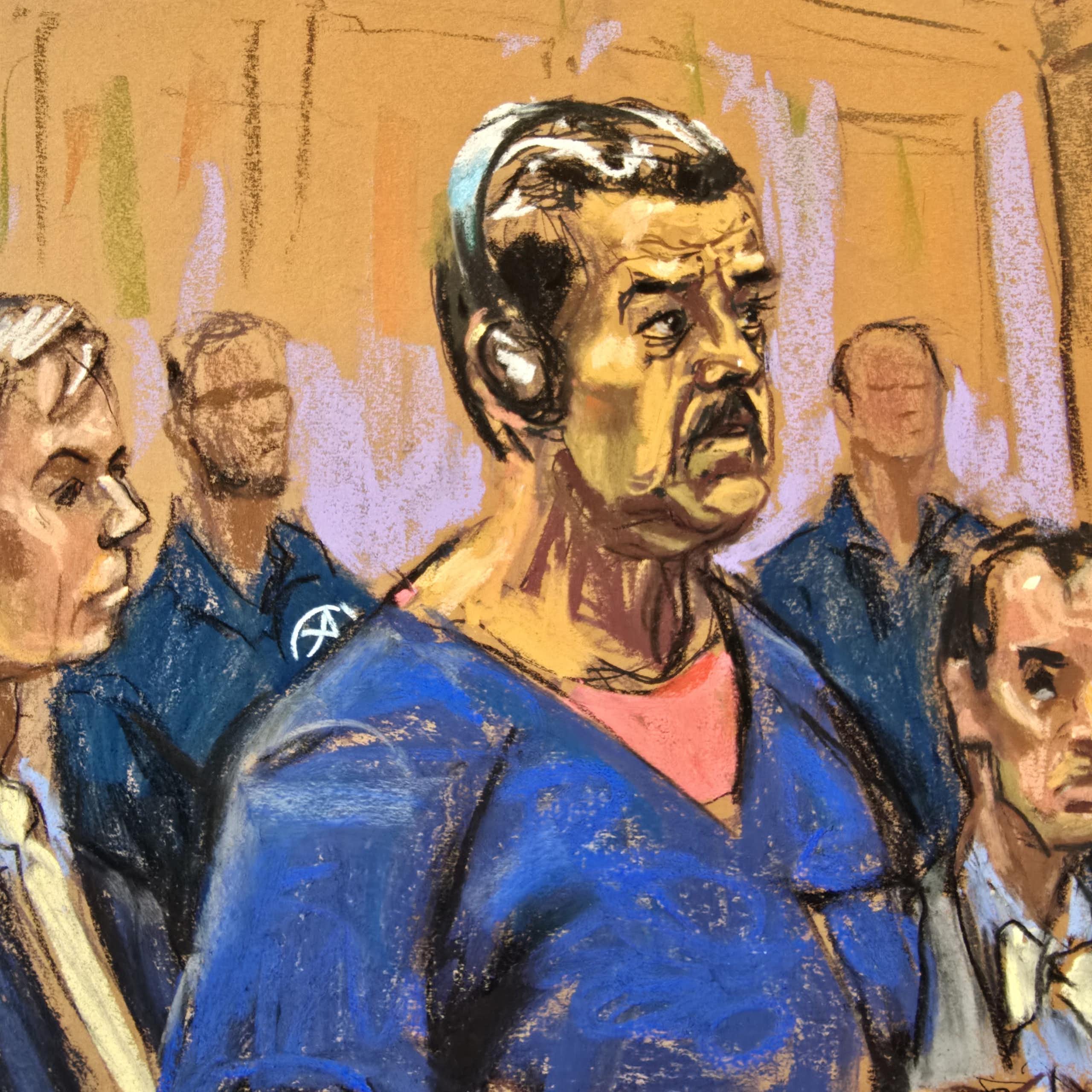 Croquis de l'ancien président du Venezuela Nicolas Maduro lors de sa comparution dans un tribunal fédéral le 5 janvier 2026 à New York.