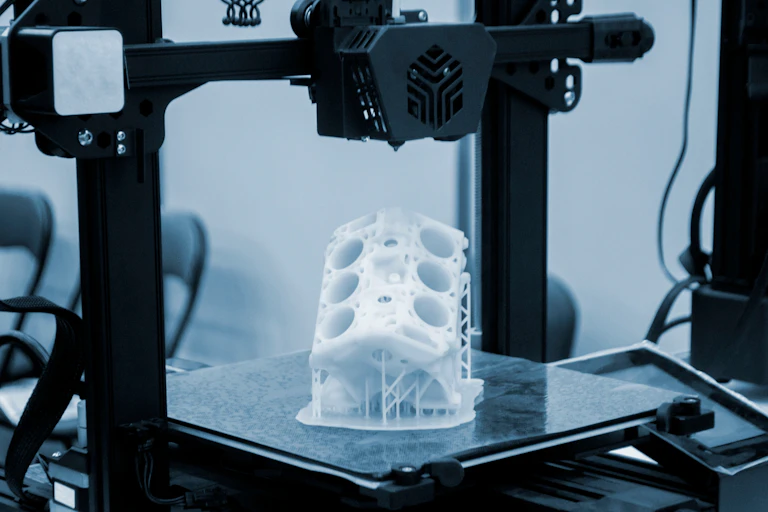 Prototype de moteur de voiture imprimé sur une imprimante 3D à partir de plastique blanc fondu sur une imprimante 3D en surface de travail.