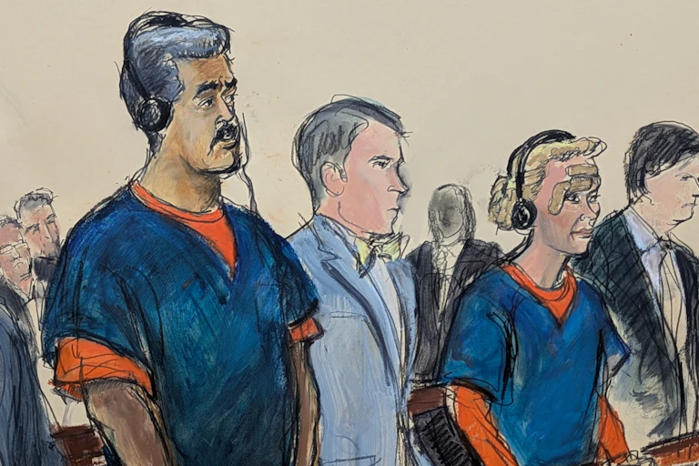 A courtroom sketch shows Venezuelan President Nicolas Maduro and his wife, Cilia Flores, in Manhattan federal court with two other people.