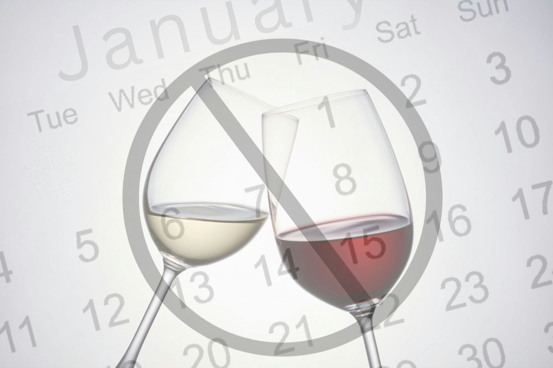 Two wine glasses in a circle with a line through it, against the backdrop of January's calendar