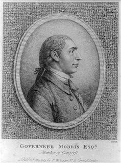 An engraving of the head of an 18th century man in profile.