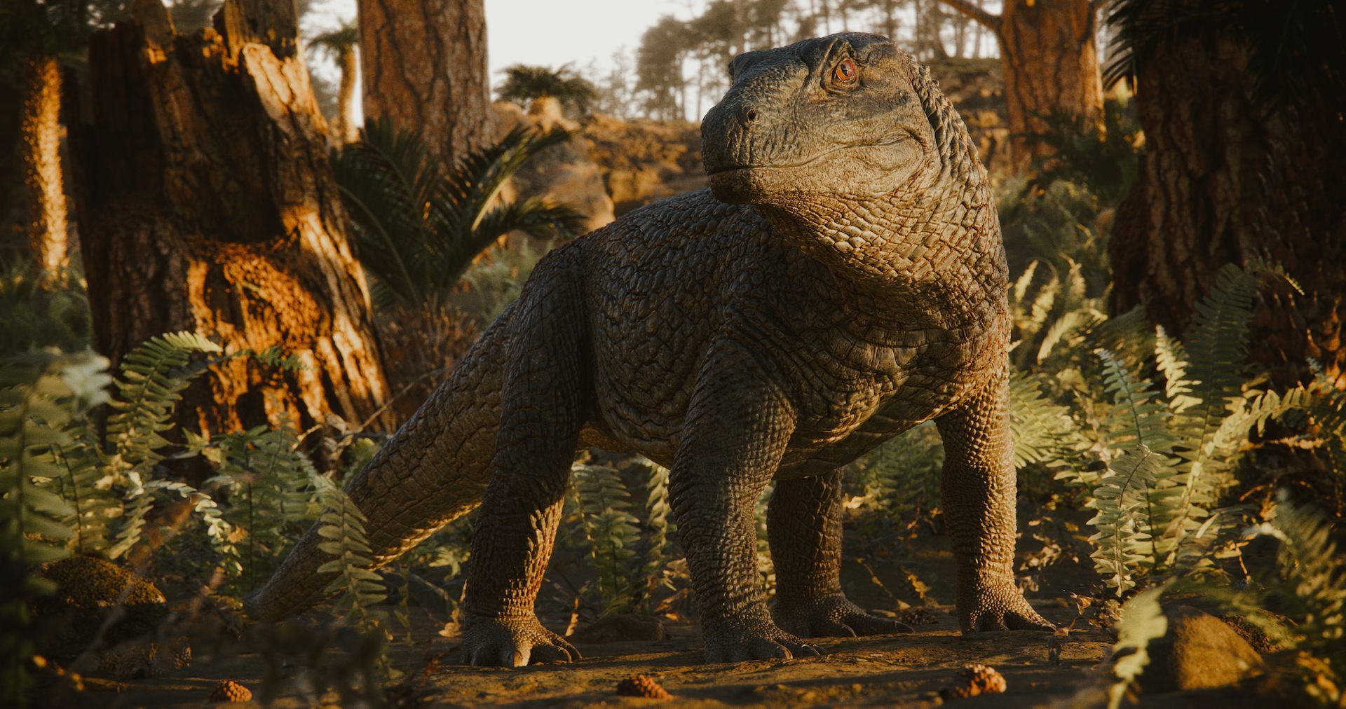 Ilustração mostra recriação de um Tainrakuasuchus bellator em meio à vegetação. Ele se parece com um grande lagarto, com patas mais altas