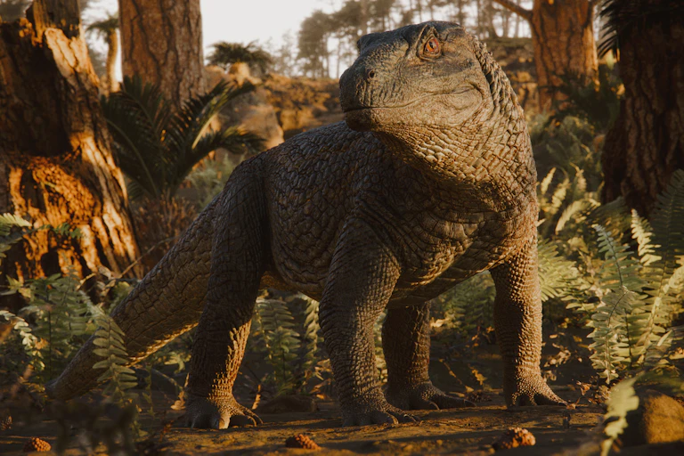 Ilustração mostra recriação de um Tainrakuasuchus bellator em meio à vegetação. Ele se parece com um grande lagarto, com patas mais altas