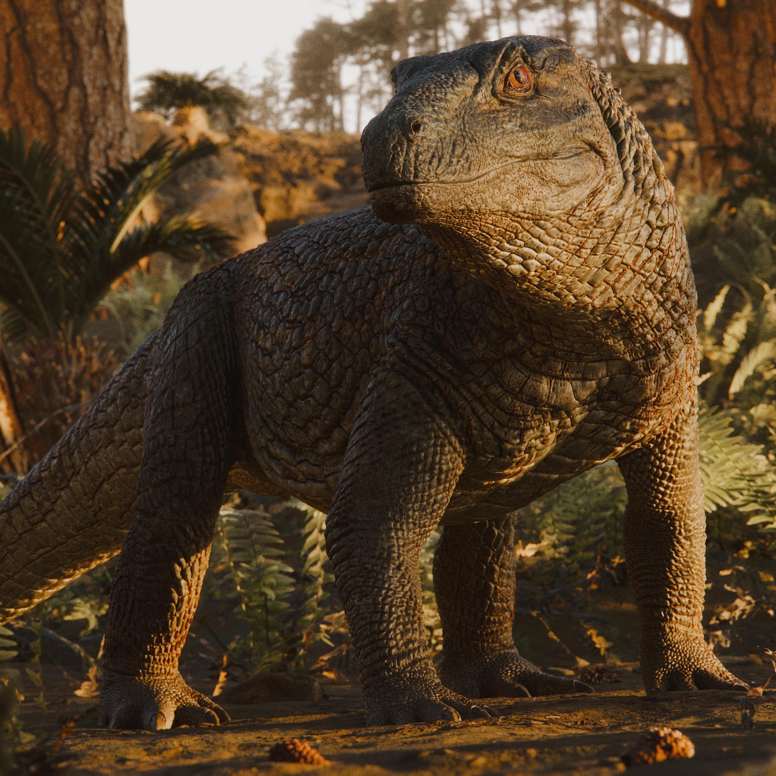 Ilustração mostra recriação de um Tainrakuasuchus bellator em meio à vegetação. Ele se parece com um grande lagarto, com patas mais altas