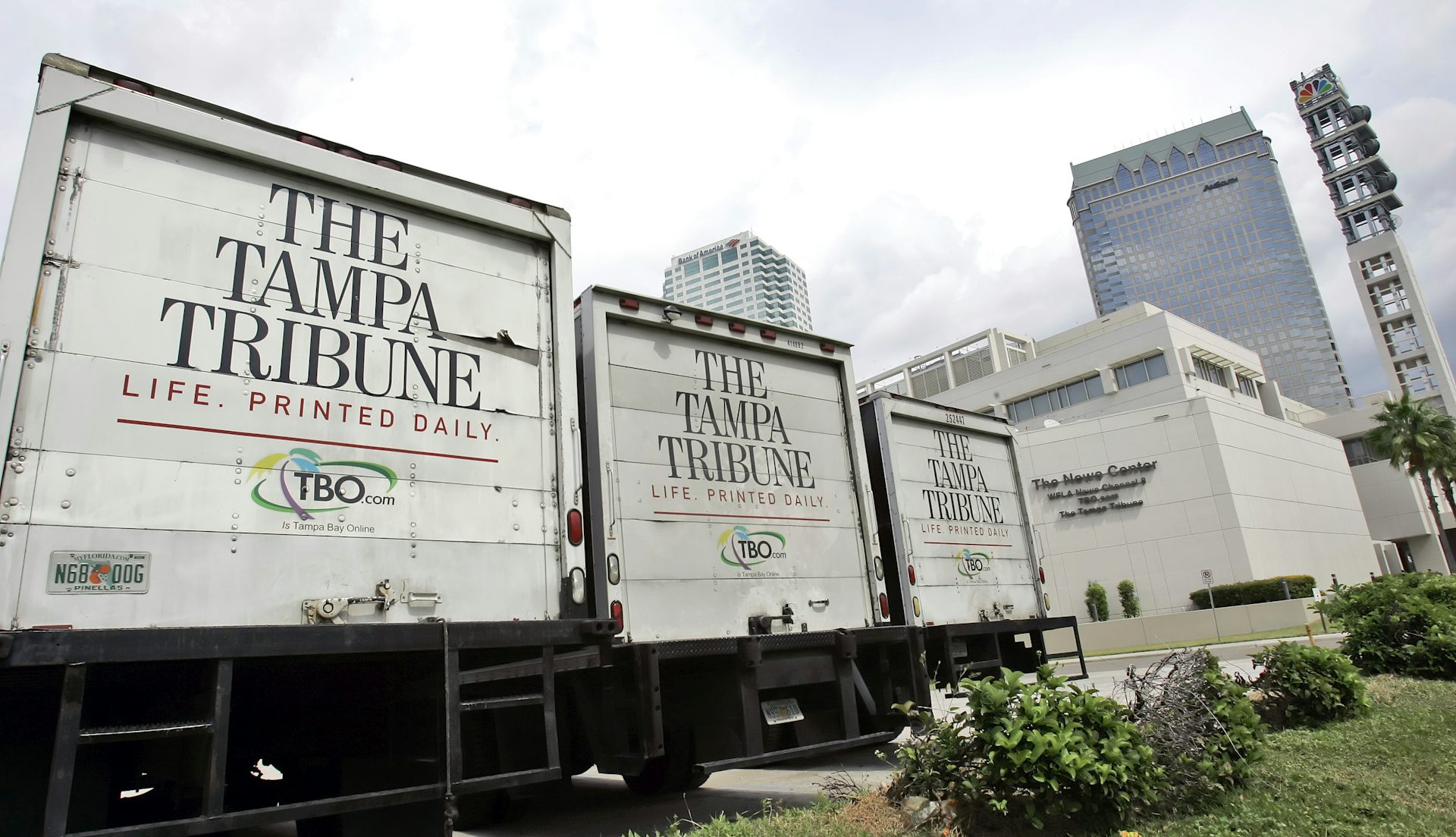 Backs of three trucks printed with 'The Tampa Tribune'