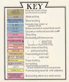 From flammable neighborhoods to ethical hazards, hearth insurance coverage maps seize early US towns and the panorama of discrimination 1 Illustrated legend listing what different colors designate
