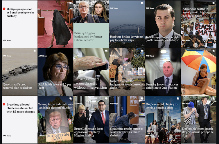 A grid of 15 Instagram posts show text overlaid on many of the photos or text-only carousel posts.