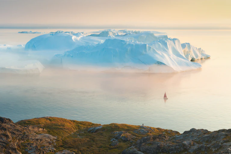 An aerial view of the coast of Greenland.