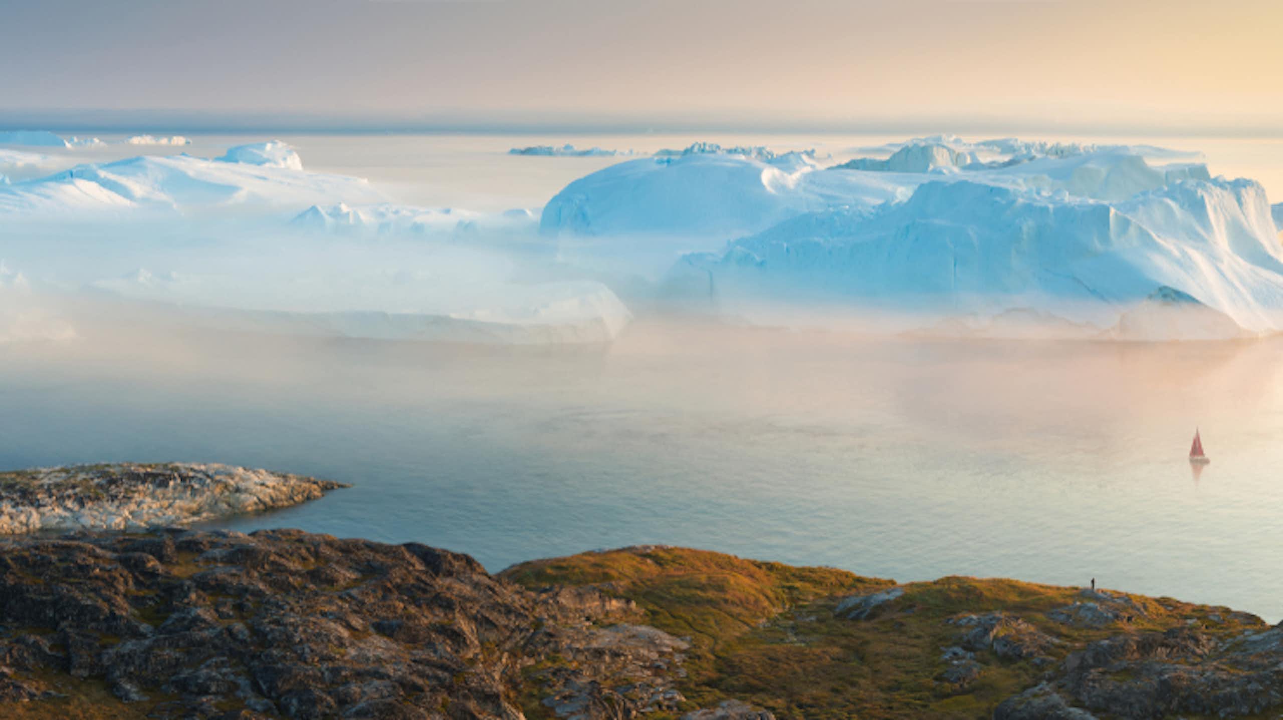 An aerial view of the coast of Greenland.