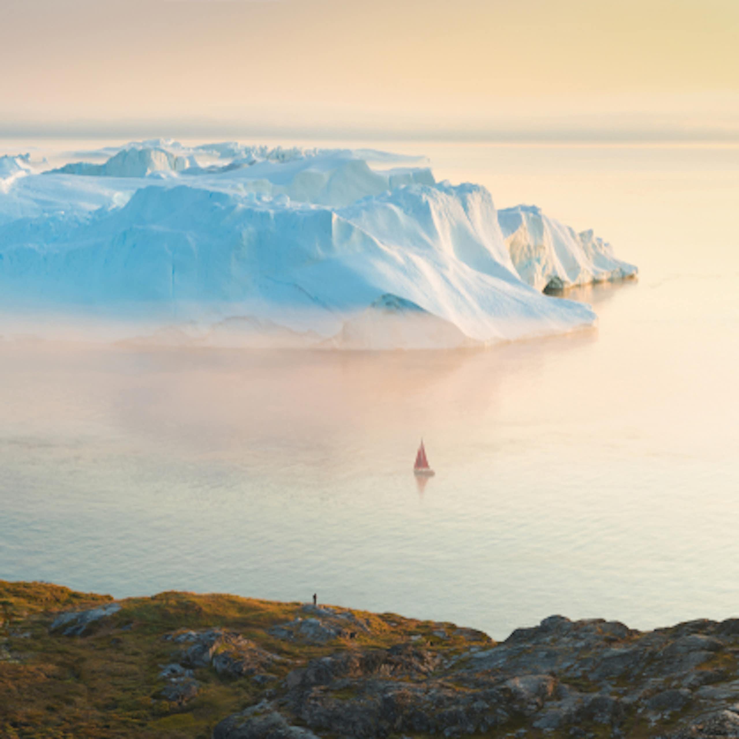 An aerial view of the coast of Greenland.