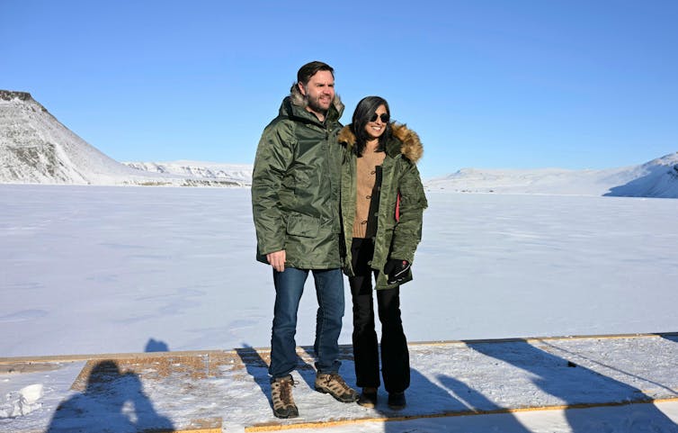 Vice President JD Vance and his wife Usha pose for photos on an ice field in northwest Greenland, March 2025.