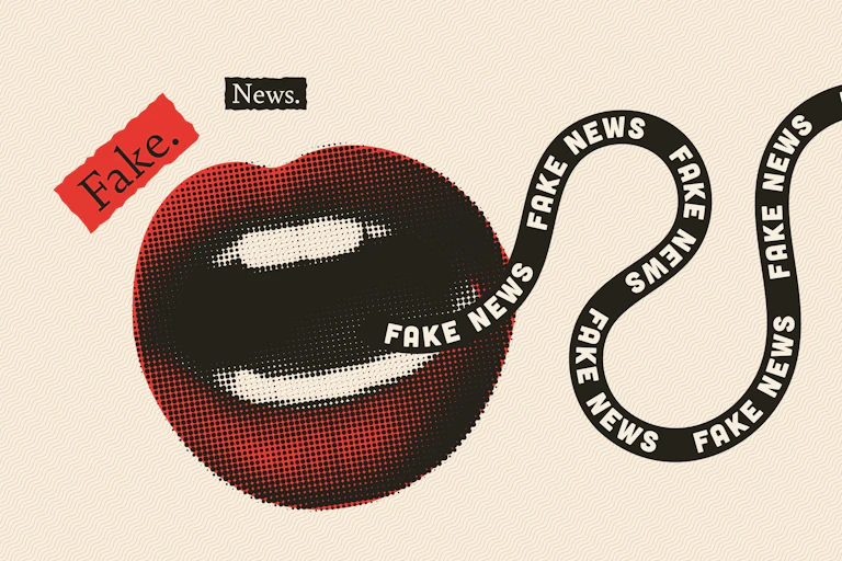 Collage of a mouth sharing fake news into an ear
