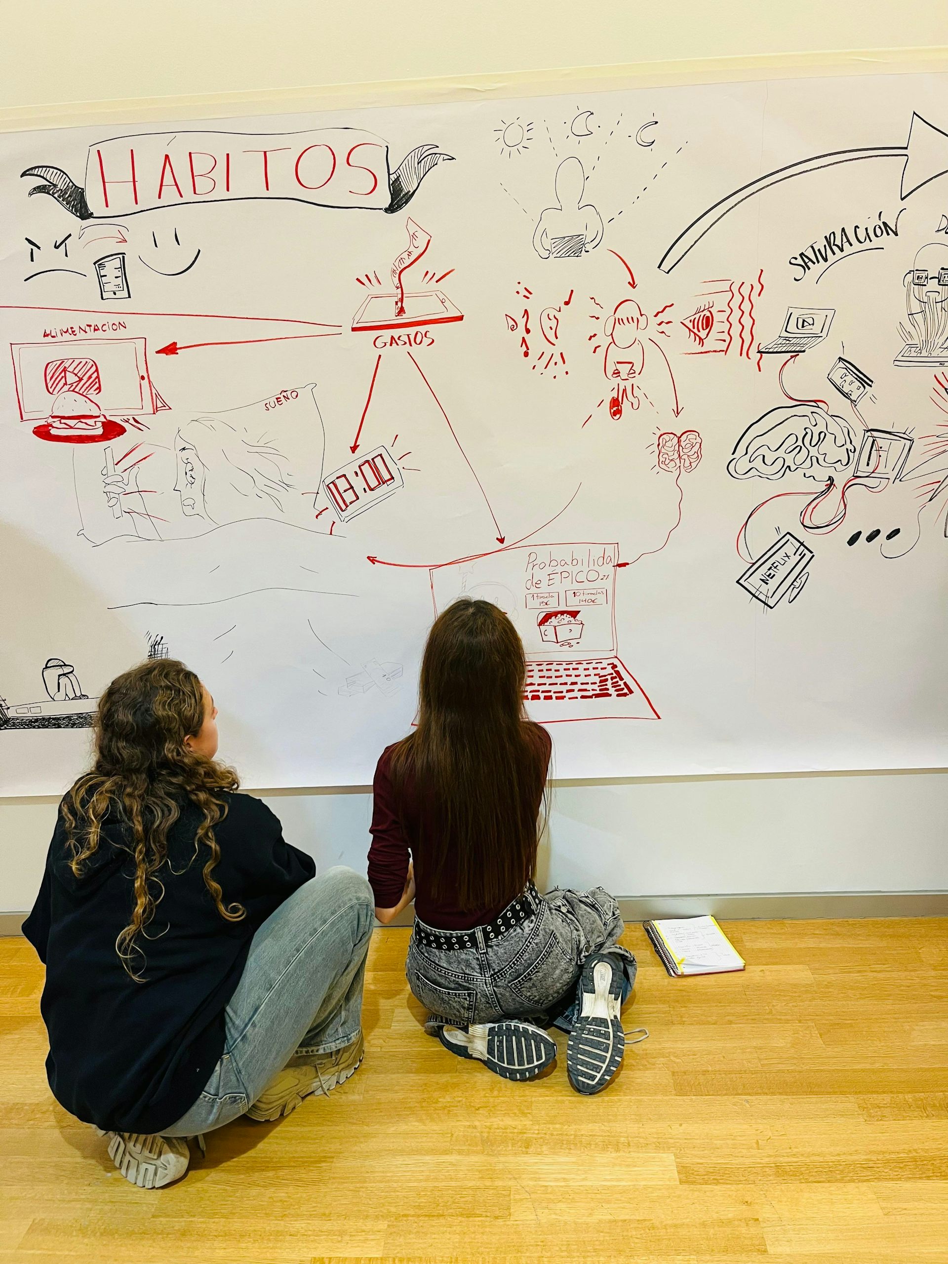Dos chicas de espaldas dibujan en un collage con iconos y reflexiones sobre el papel de la tecnología en sus vidas. 