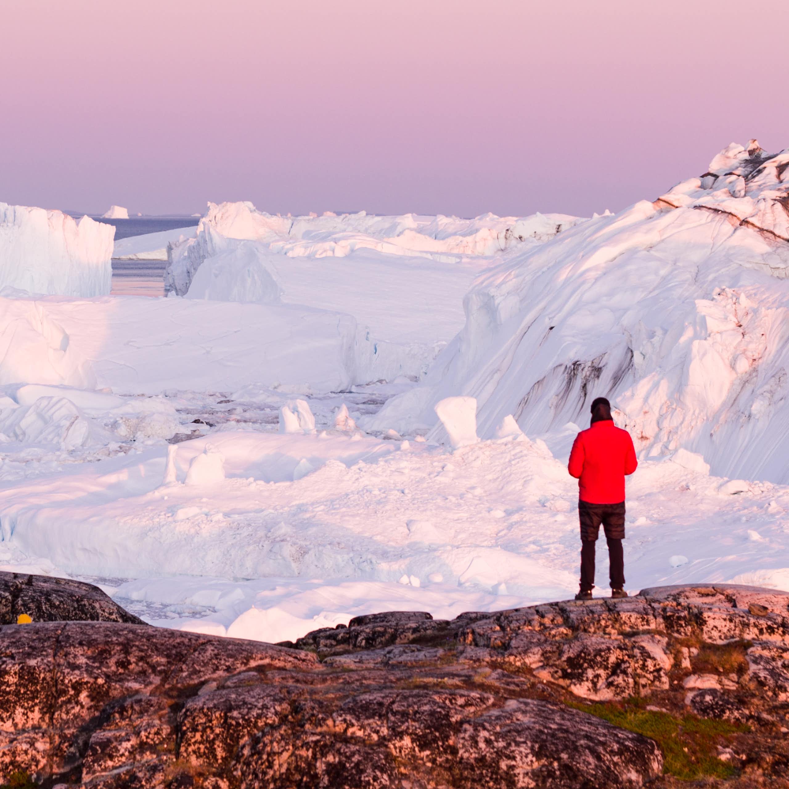 Man stands and looks at ice in Greenland