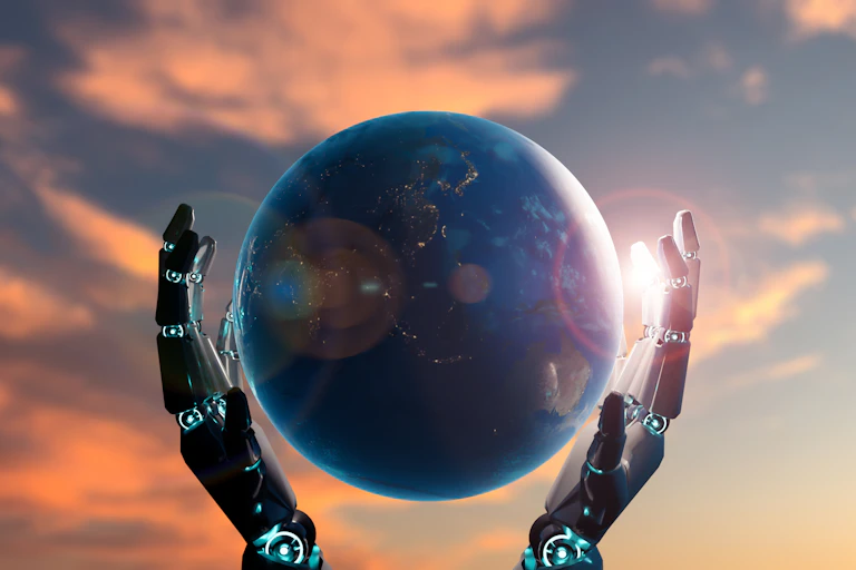 Robotic hands holding a globe with sunset sky background.