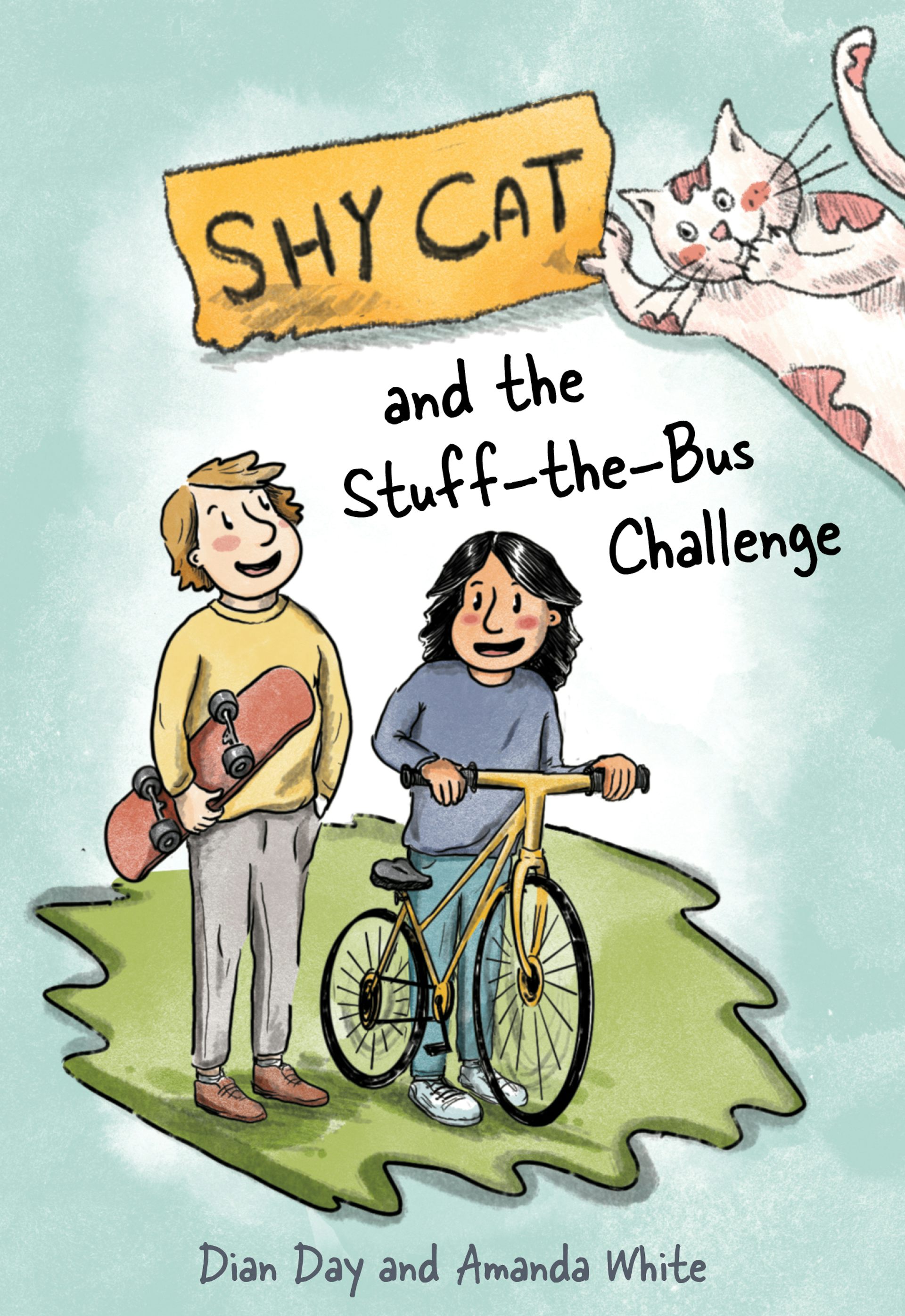 A book cover with two children and a cat.