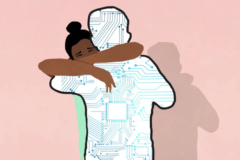 Drawing of a person hugging an outline figure with an electronic circuitry pattern