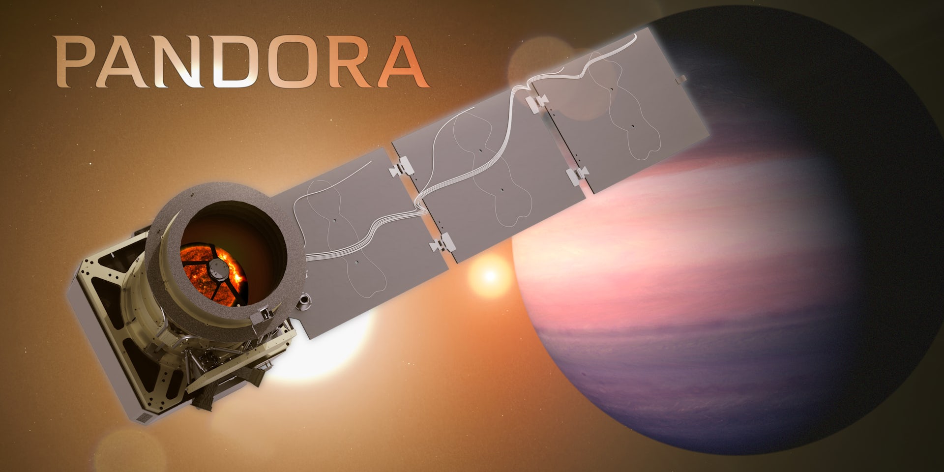 The Pandora spacecraft with an exoplanet and two stars in the background