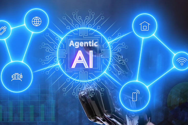 A photoillustration features the term "agentic AI" in a neon network held up by a robot hand.